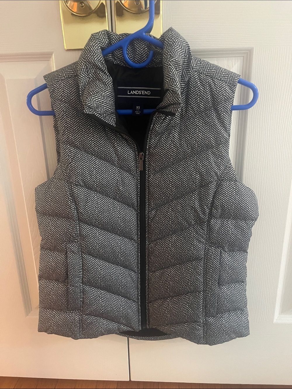 Lands' End Black & White Herringbone Puffer Vest